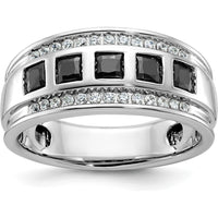 14K White Gold Men's 5-Stone Black and White Diamond Ring with Grooved Band - 1 1/5 Carat Total Diamond Weight by IBGoodman