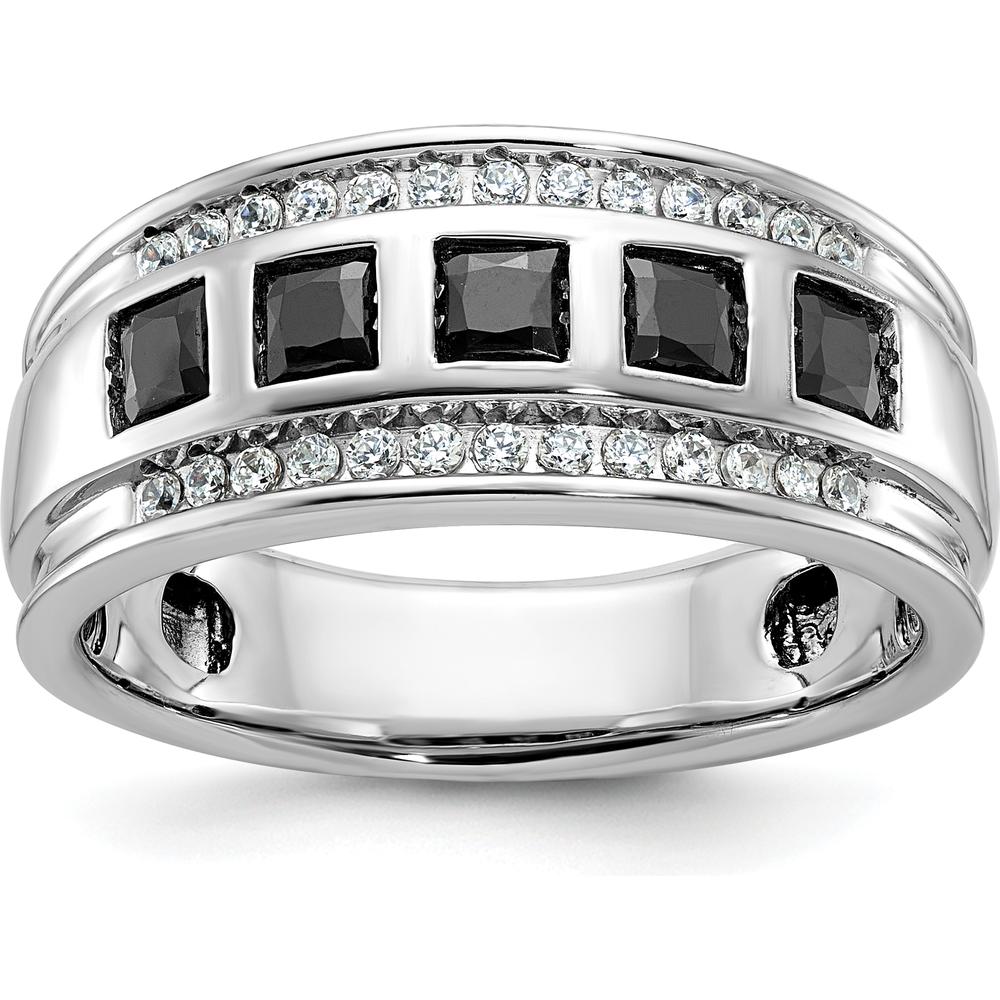 14K White Gold Men's 5-Stone Black and White Diamond Ring with Grooved Band - 1 1/5 Carat Total Diamond Weight by IBGoodman