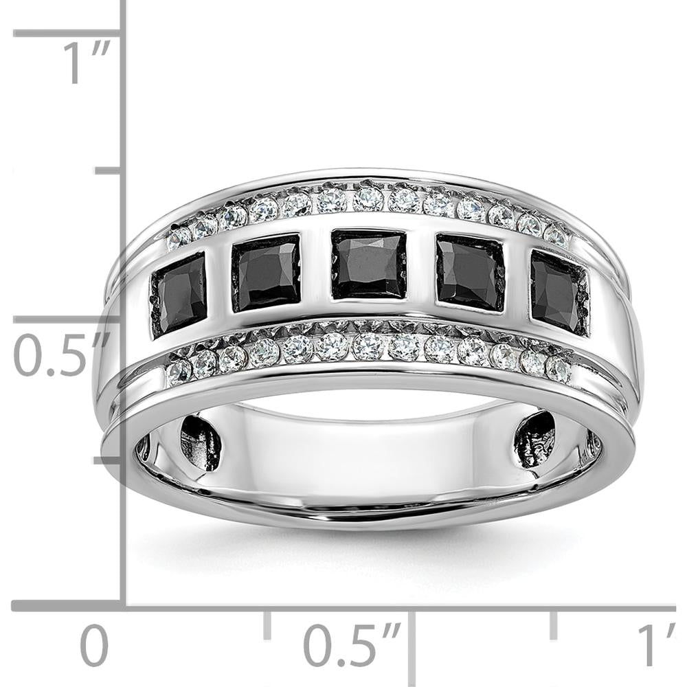 14K White Gold Men's 5-Stone Black and White Diamond Ring with Grooved Band - 1 1/5 Carat Total Diamond Weight by IBGoodman