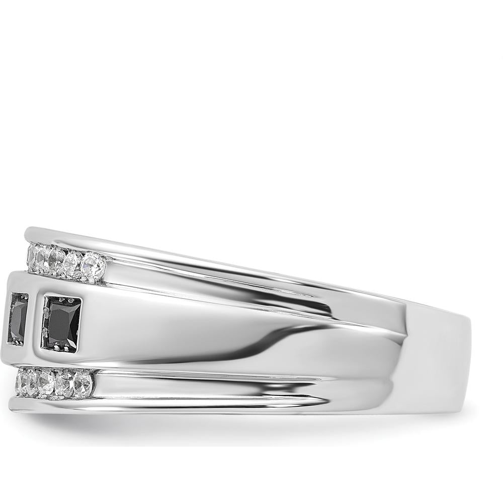14K White Gold Men's 5-Stone Black and White Diamond Ring with Grooved Band - 1 1/5 Carat Total Diamond Weight by IBGoodman