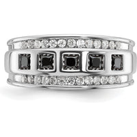 14K White Gold Men's 5-Stone Black and White Diamond Ring with Grooved Band - 1 1/5 Carat Total Diamond Weight by IBGoodman