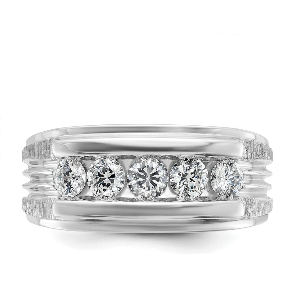 14K White Gold Men's 5-Stone Round Diamond Ring with Polished and Brushed Grooves - 1 Carat Total Diamond Weight by IBGoodman