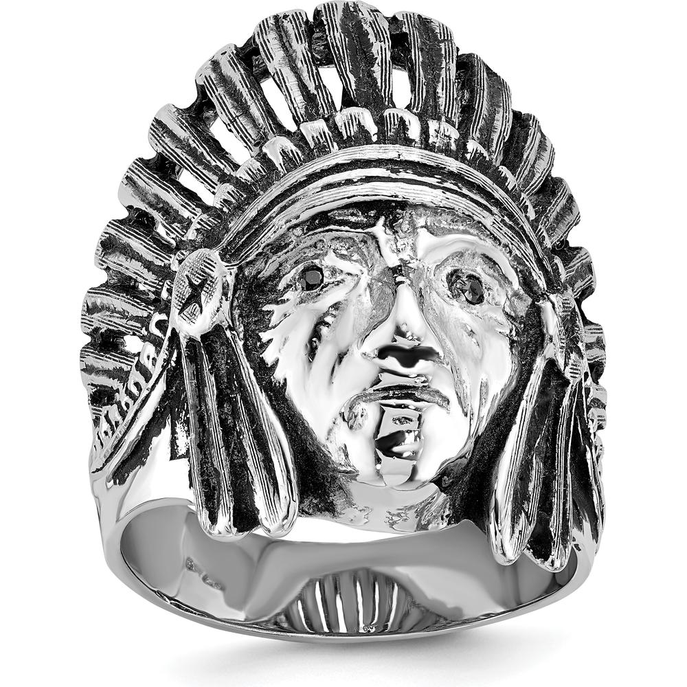 14K White Gold Men's Antiqued Native American Headdress Ring - Rhodium Plated by IBGoodman