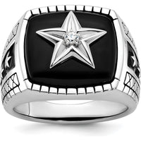 14K White Gold Men's Antiqued Onyx and Diamond Star Ring - 0.05 Carats Total Diamond Weight by IBGoodman