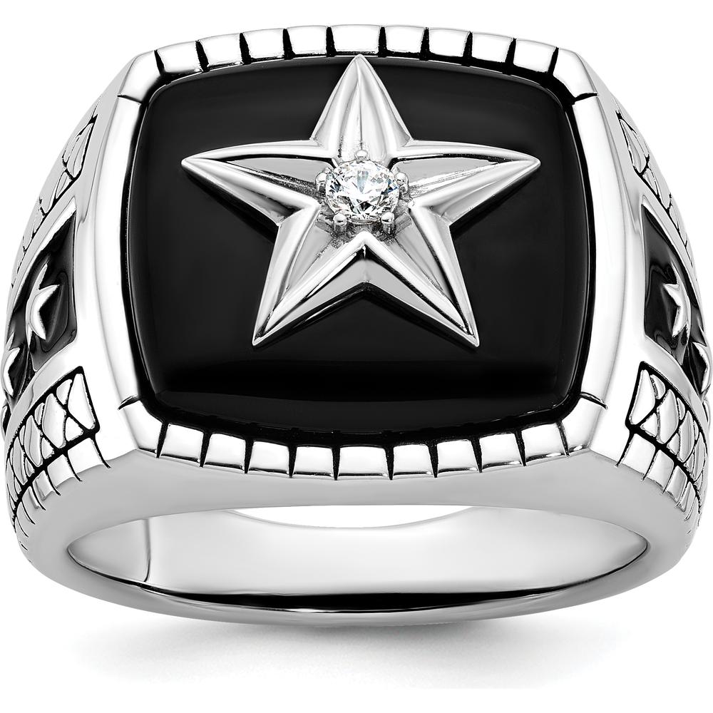 14K White Gold Men's Antiqued Onyx and Diamond Star Ring - 0.05 Carats Total Diamond Weight by IBGoodman