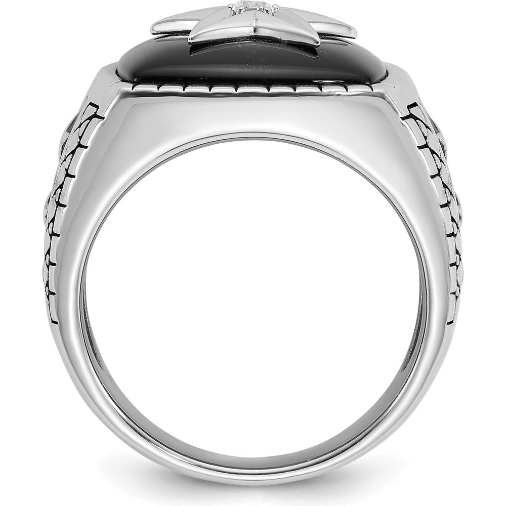 14K White Gold Men's Antiqued Onyx and Diamond Star Ring - 0.05 Carats Total Diamond Weight by IBGoodman