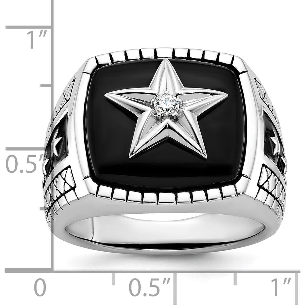 14K White Gold Men's Antiqued Onyx and Diamond Star Ring - 0.05 Carats Total Diamond Weight by IBGoodman