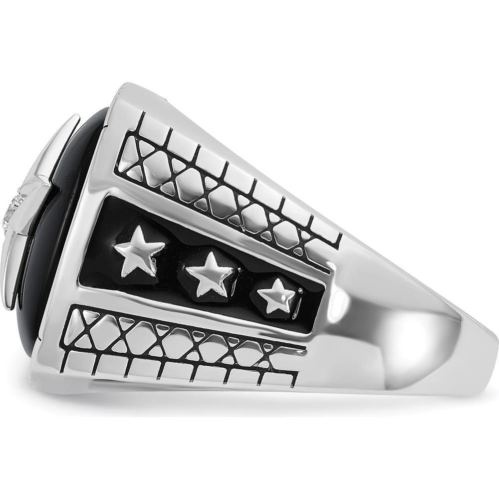 14K White Gold Men's Antiqued Onyx and Diamond Star Ring - 0.05 Carats Total Diamond Weight by IBGoodman