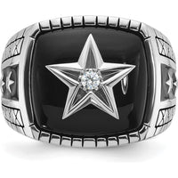 14K White Gold Men's Antiqued Onyx and Diamond Star Ring - 0.05 Carats Total Diamond Weight by IBGoodman