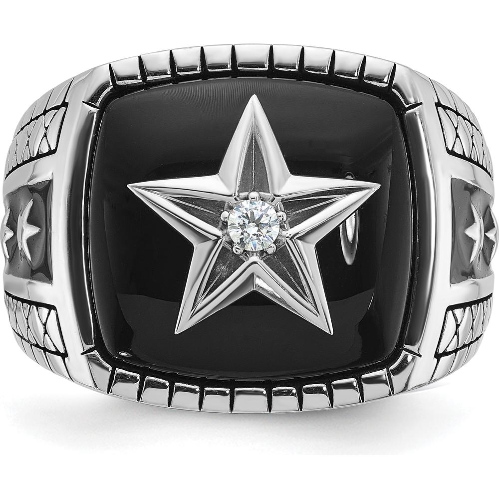 14K White Gold Men's Antiqued Onyx and Diamond Star Ring - 0.05 Carats Total Diamond Weight by IBGoodman