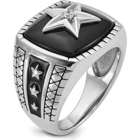 14K White Gold Men's Antiqued Onyx and Diamond Star Ring - 0.05 Carats Total Diamond Weight by IBGoodman