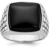 14K White Gold Men's Antiqued Onyx Ring with Cushion-Cut Black Onyx - 16x16mm by IBGoodman