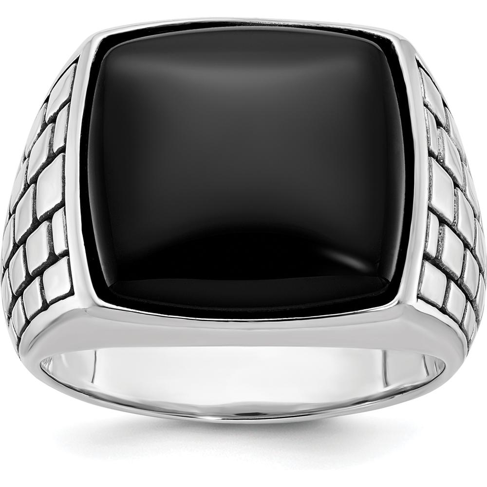 14K White Gold Men's Antiqued Onyx Ring with Cushion-Cut Black Onyx - 16x16mm by IBGoodman