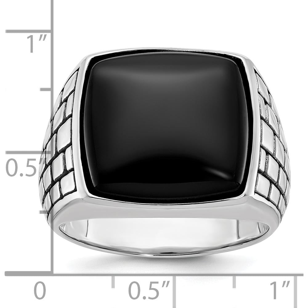 14K White Gold Men's Antiqued Onyx Ring with Cushion-Cut Black Onyx - 16x16mm by IBGoodman