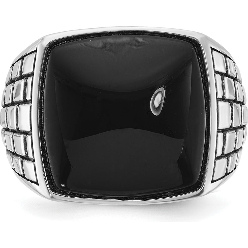 14K White Gold Men's Antiqued Onyx Ring with Cushion-Cut Black Onyx - 16x16mm by IBGoodman