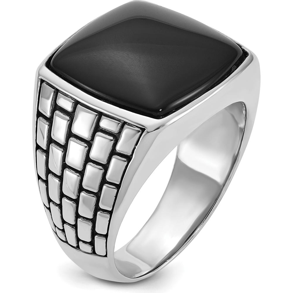 14K White Gold Men's Antiqued Onyx Ring with Cushion-Cut Black Onyx - 16x16mm by IBGoodman