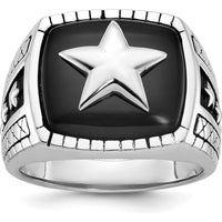 14K White Gold Men's Antiqued Onyx Star Ring with Cushion Shaped Black Onyx Stone by IBGoodman