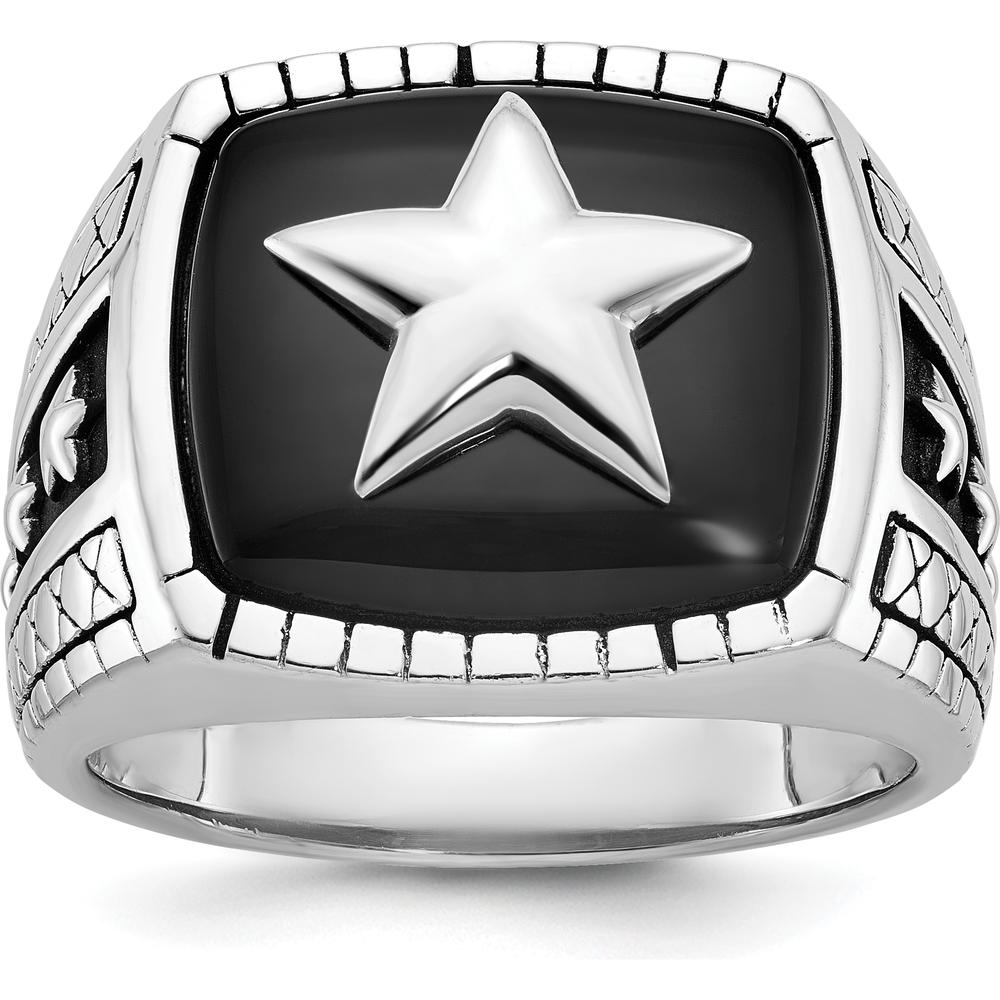 14K White Gold Men's Antiqued Onyx Star Ring with Cushion Shaped Black Onyx Stone by IBGoodman