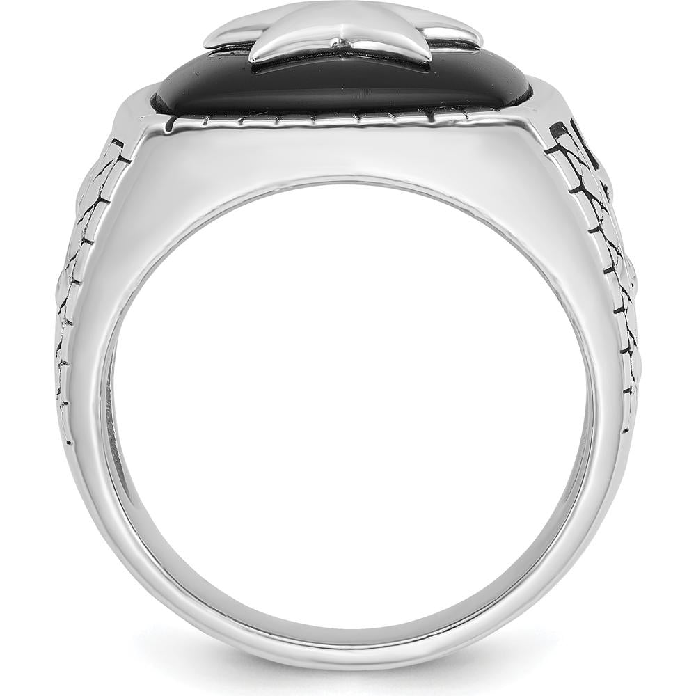 14K White Gold Men's Antiqued Onyx Star Ring with Cushion Shaped Black Onyx Stone by IBGoodman
