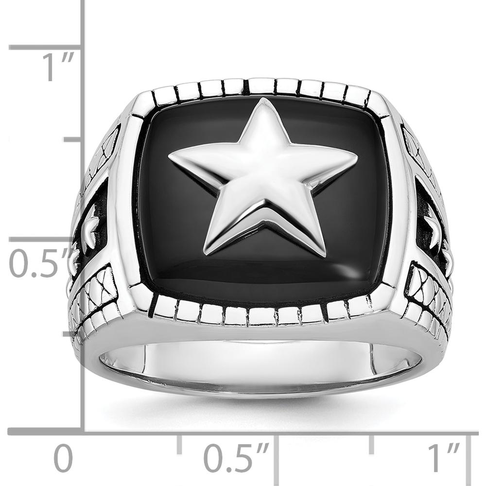 14K White Gold Men's Antiqued Onyx Star Ring with Cushion Shaped Black Onyx Stone by IBGoodman