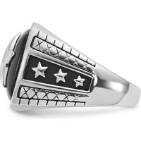 14K White Gold Men's Antiqued Onyx Star Ring with Cushion Shaped Black Onyx Stone by IBGoodman