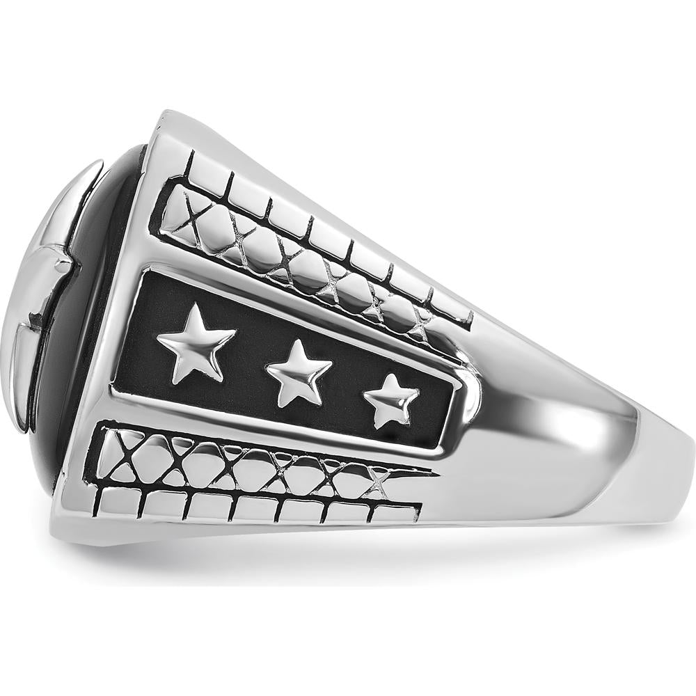 14K White Gold Men's Antiqued Onyx Star Ring with Cushion Shaped Black Onyx Stone by IBGoodman