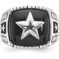 14K White Gold Men's Antiqued Onyx Star Ring with Cushion Shaped Black Onyx Stone by IBGoodman