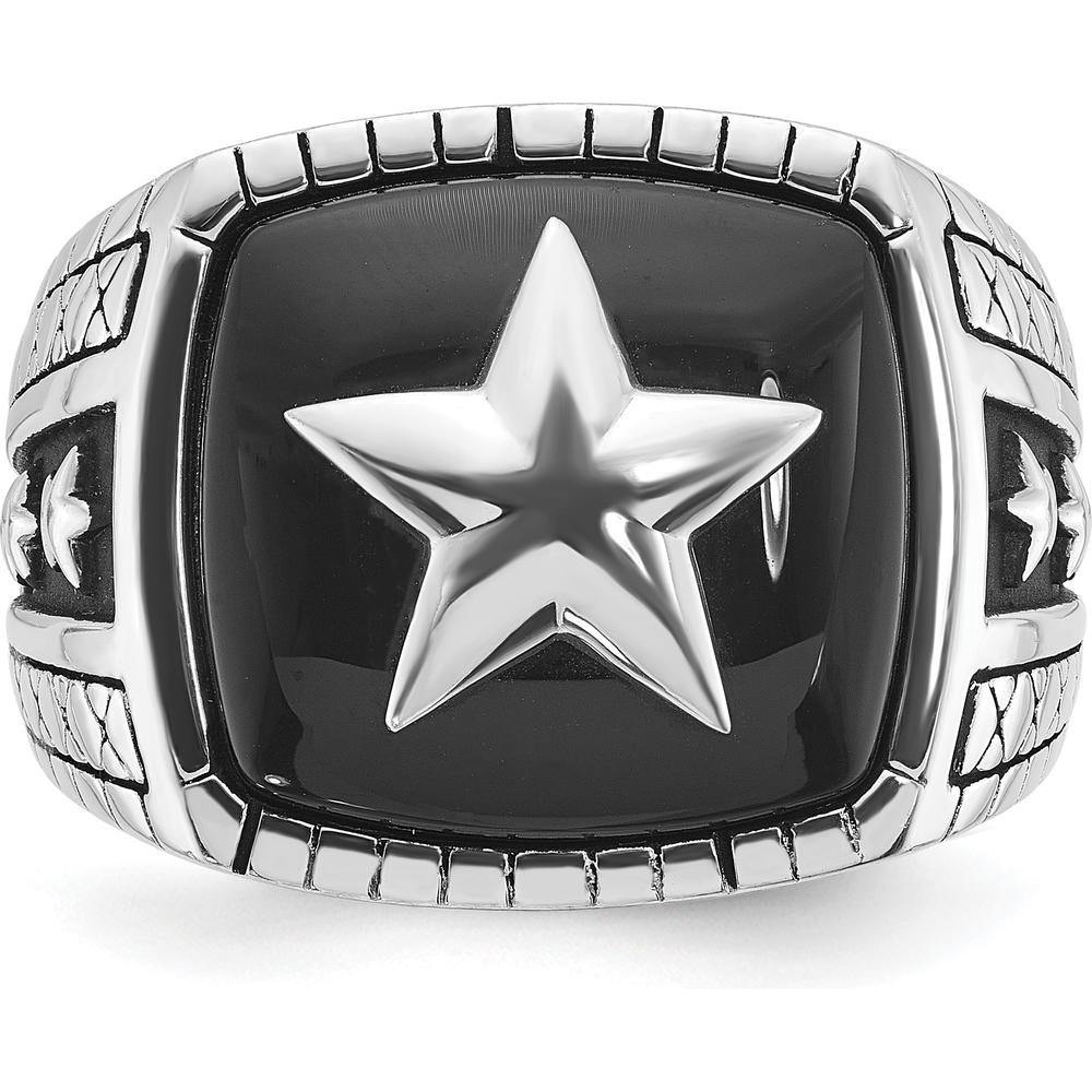 14K White Gold Men's Antiqued Onyx Star Ring with Cushion Shaped Black Onyx Stone by IBGoodman