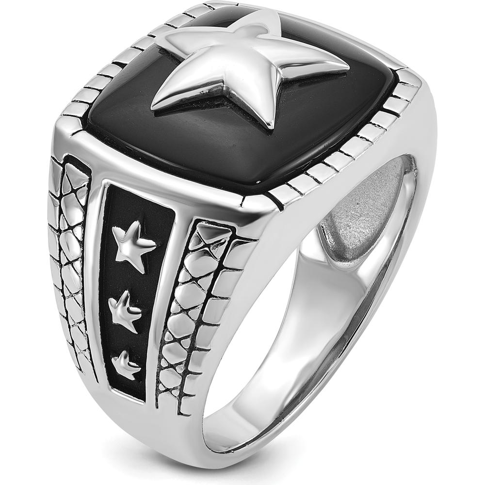 14K White Gold Men's Antiqued Onyx Star Ring with Cushion Shaped Black Onyx Stone by IBGoodman
