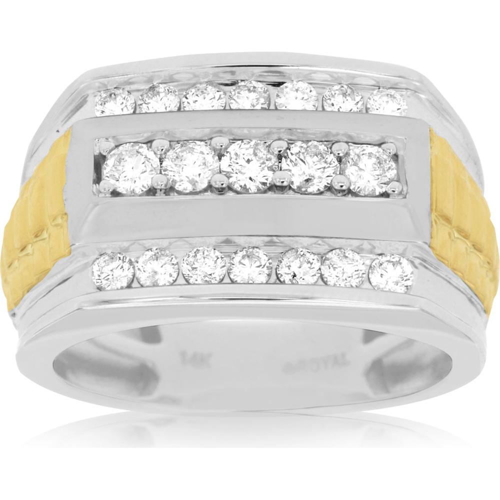 14K White Gold Men's Band Ring with 1.00 Carats Total Diamond Weight and Yellow Gold Accents