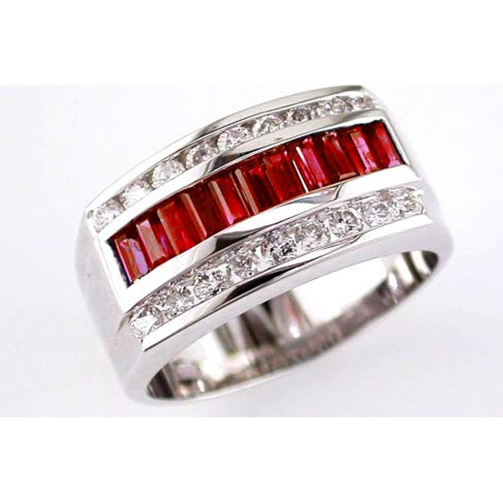 14K White Gold Men's Band Ring with Channel-Set Baguette Rubies and Pavé-Set Round Diamond Accents - 1.80 Carat Ruby Weight and 0.90 Carat Diamond Weight - Royal Jewelry