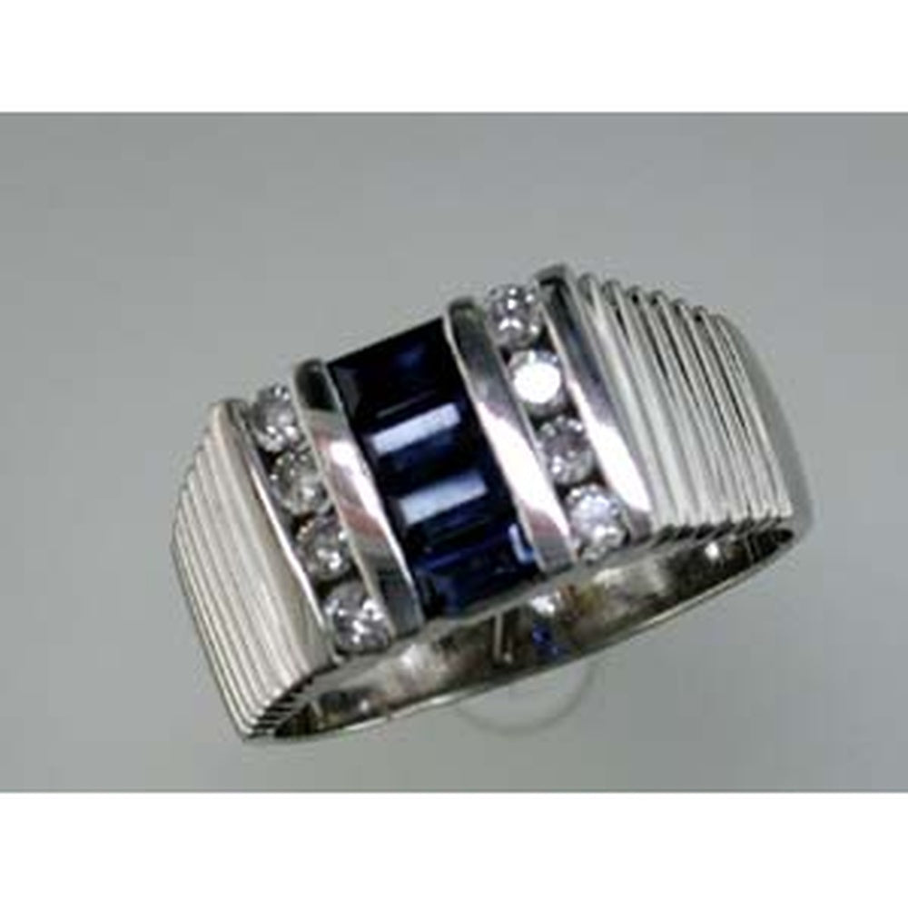 14K White Gold Men's Band with Baguette Sapphires and Round Diamonds - 0.90 Carat Total Sapphire Weight and 0.39 Carat Total Diamond Weight - Royal Jewelry