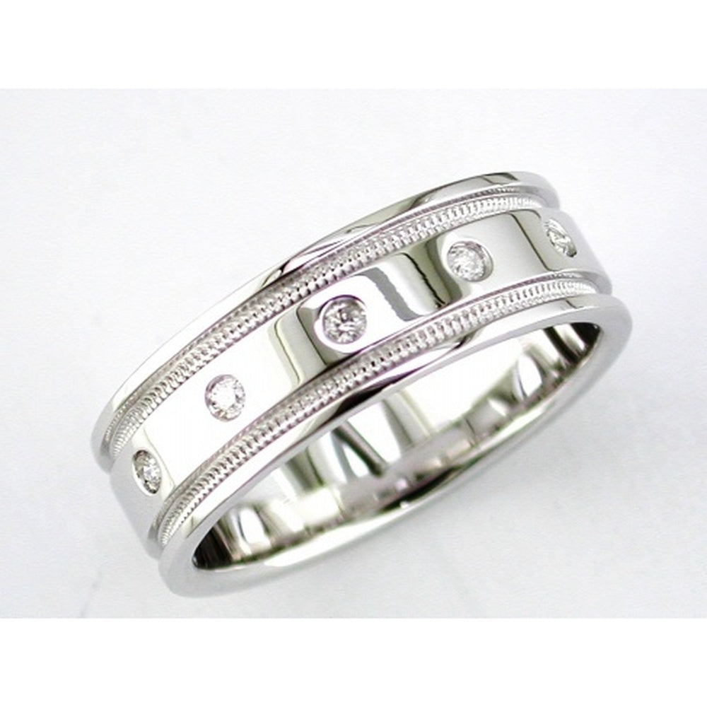 14K White Gold Men's Band with Flush-Set Round Diamonds and Milgrain Detailing - 0.14 Carat Total Diamond Weight - Royal Jewelry