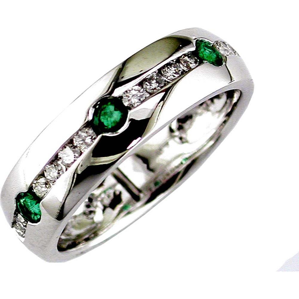14K White Gold Men's Band with Round Diamonds and Emeralds - 0.73 Carats Total Gemstone Weight