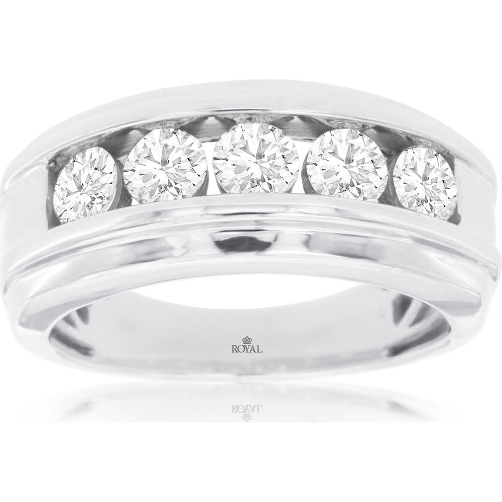 14K White Gold Men's Channel Set Five Stone Band with Round Diamonds - 1.50 Carat Total Diamond Weight - Royal Jewelry
