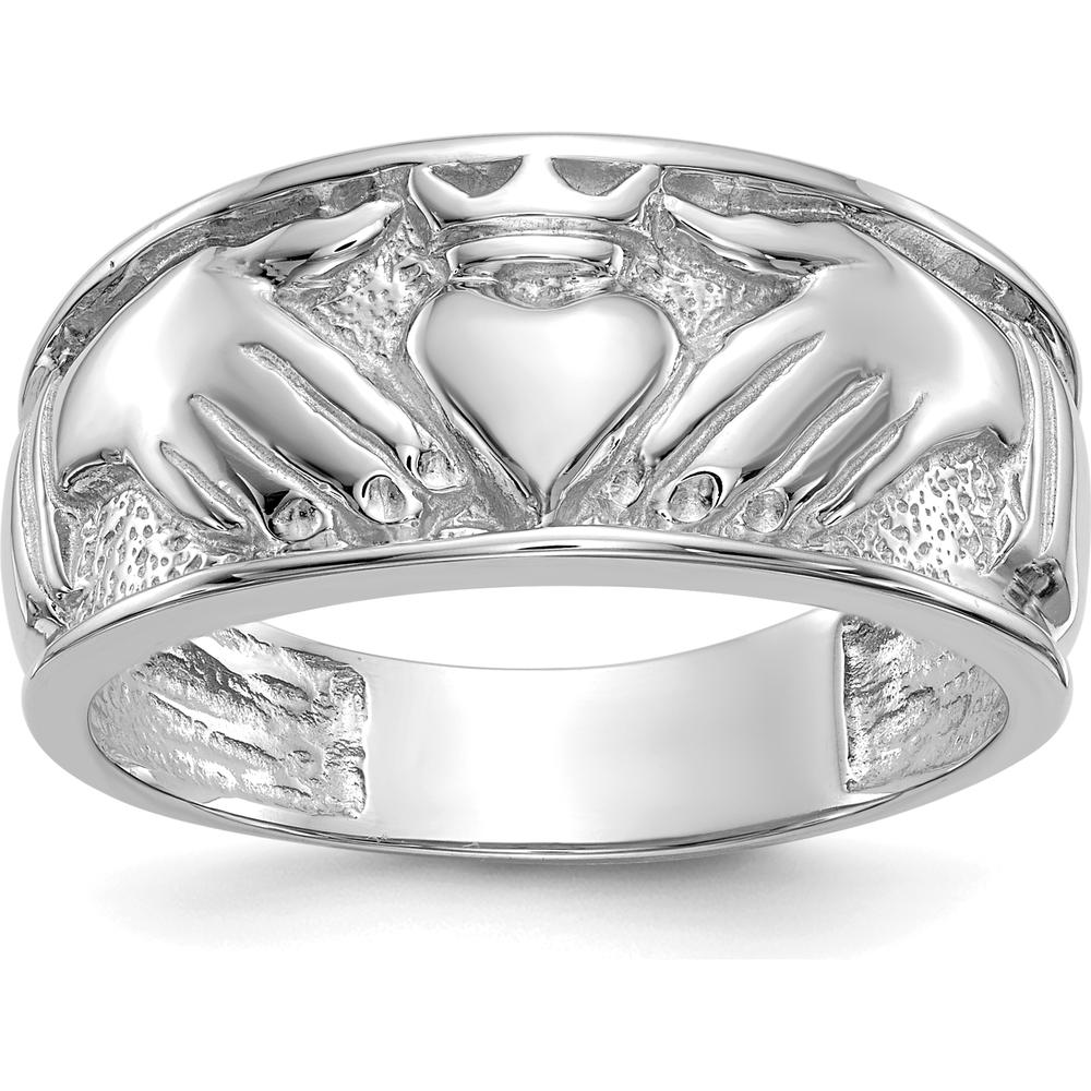 14K White Gold Men's Claddagh Band with Textured Finish and Rhodium Plating - Symbol of Love, Loyalty, and Friendship by Oro Pregiato