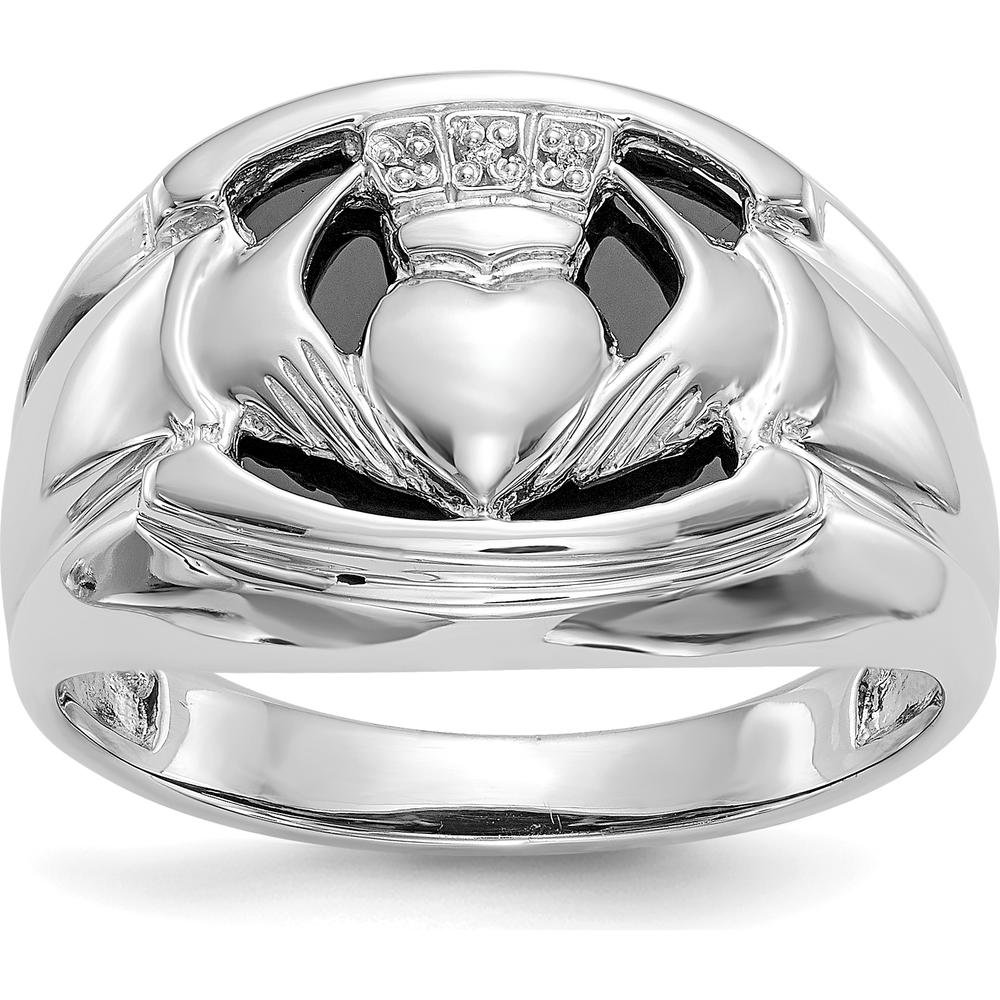 14K White Gold Men's Claddagh Ring with 14x12 mm Oval Black Onyx and 0.009 ct Round Diamonds by Oro Pregiato