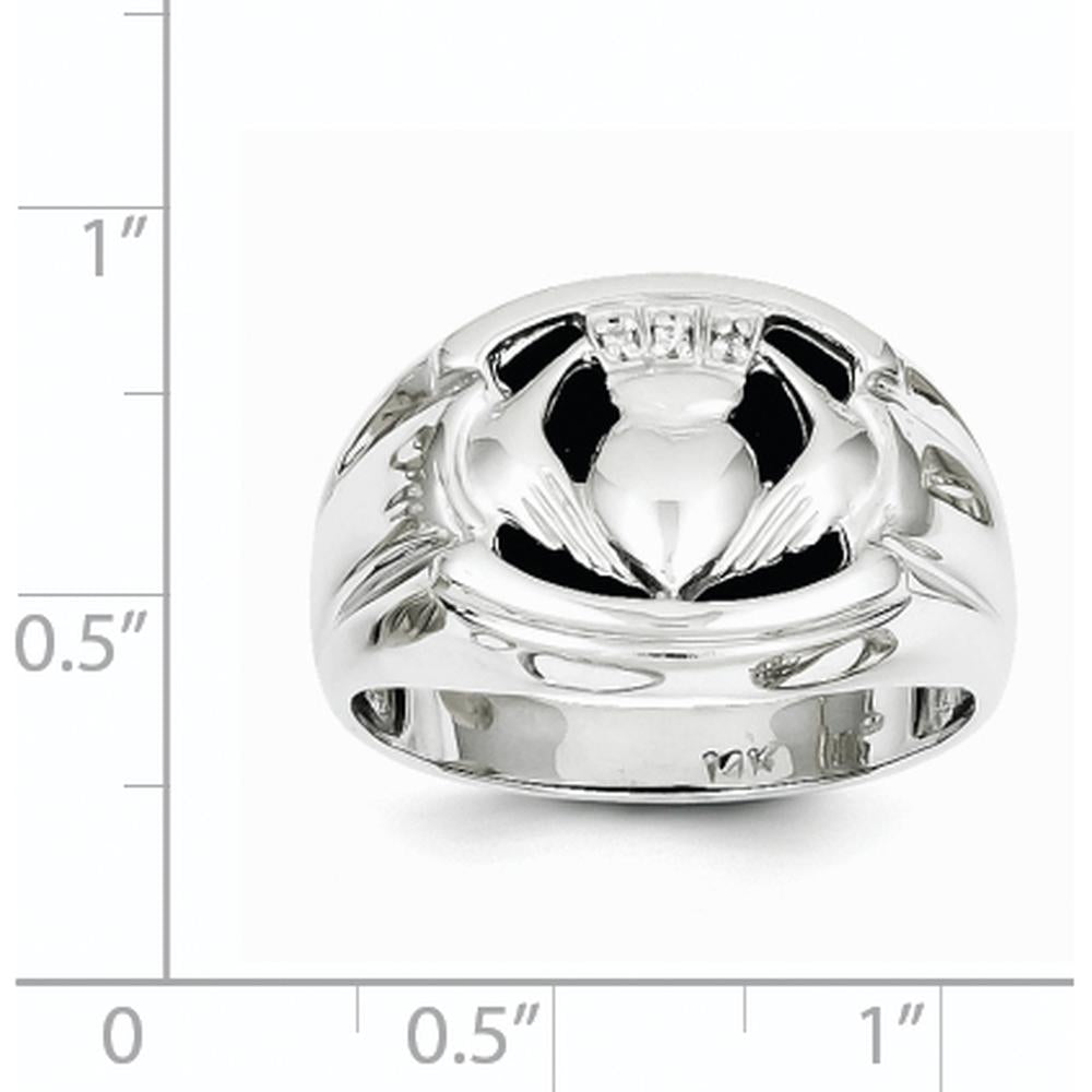 14K White Gold Men's Claddagh Ring with 14x12 mm Oval Black Onyx and 0.009 ct Round Diamonds by Oro Pregiato