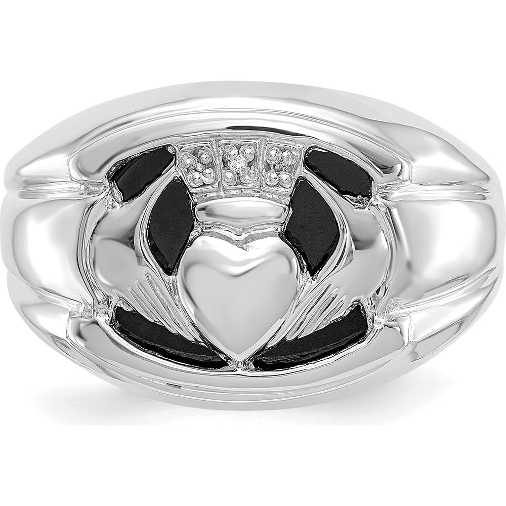14K White Gold Men's Claddagh Ring with 14x12 mm Oval Black Onyx and 0.009 ct Round Diamonds by Oro Pregiato