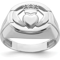 14K White Gold Men's Claddagh Ring with Crowned Heart and Rhodium Plating by Oro Pregiato