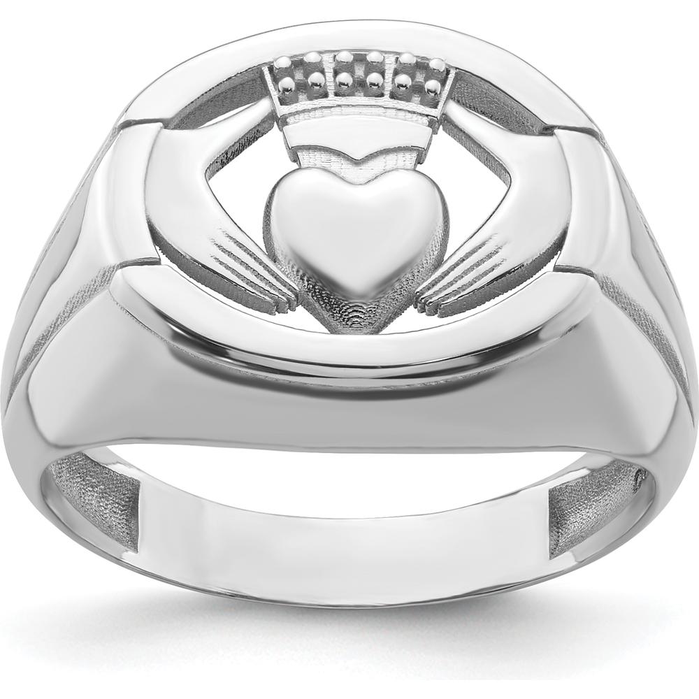 14K White Gold Men's Claddagh Ring with Crowned Heart and Rhodium Plating by Oro Pregiato