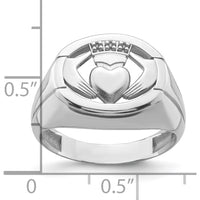 14K White Gold Men's Claddagh Ring with Crowned Heart and Rhodium Plating by Oro Pregiato