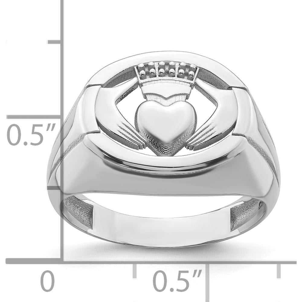 14K White Gold Men's Claddagh Ring with Crowned Heart and Rhodium Plating by Oro Pregiato
