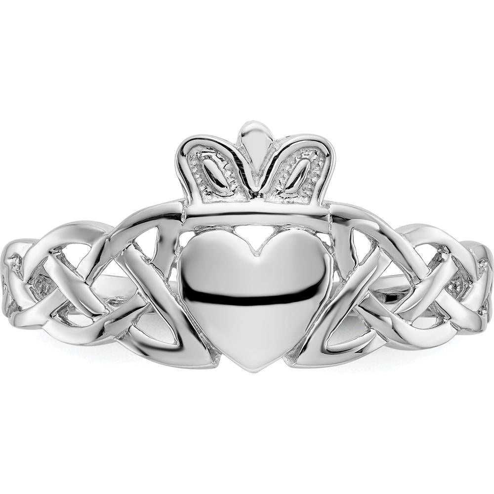 14K White Gold Men's Claddagh Ring with Polished Finish and Rhodium Plating by Oro Pregiato