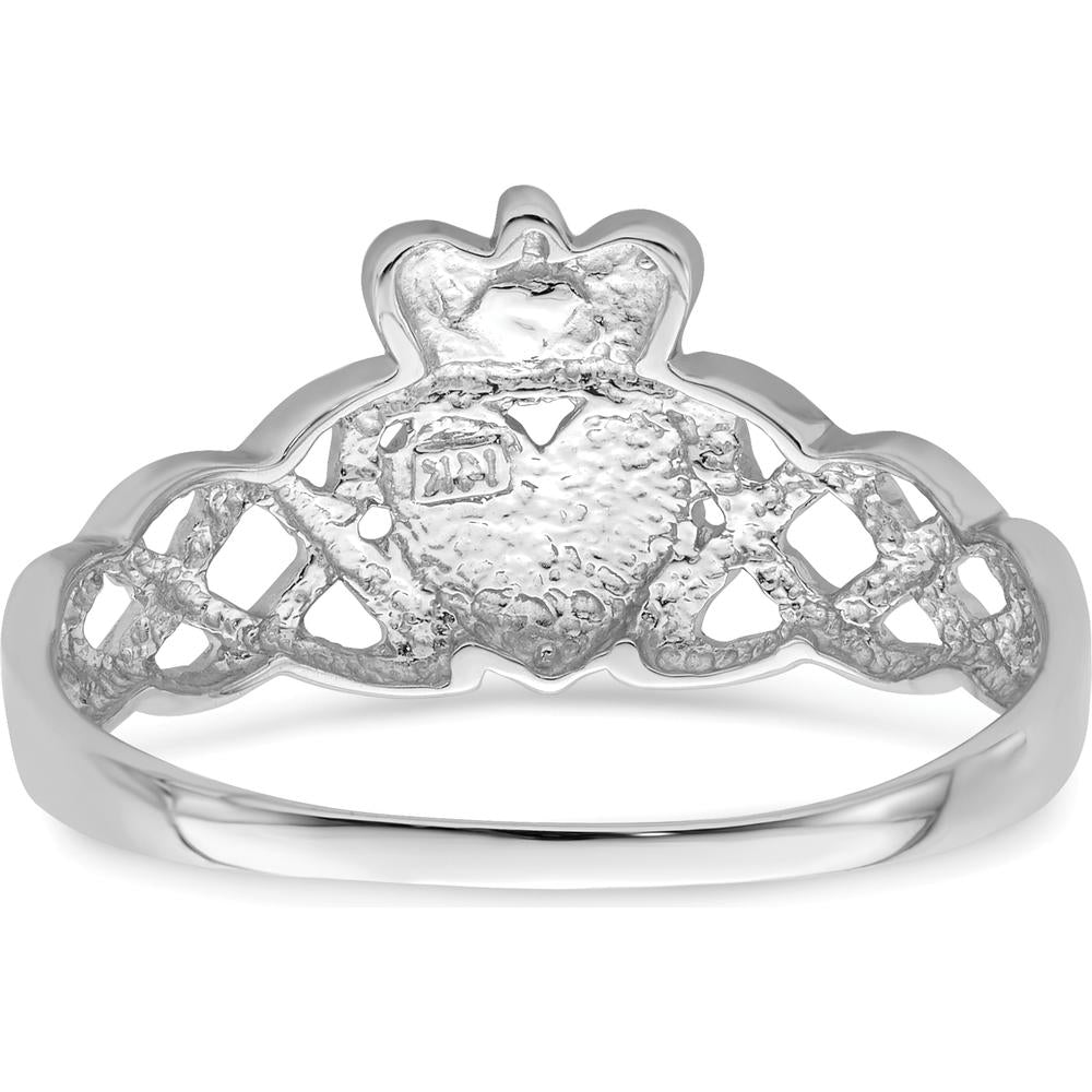 14K White Gold Men's Claddagh Ring with Polished Finish and Rhodium Plating by Oro Pregiato