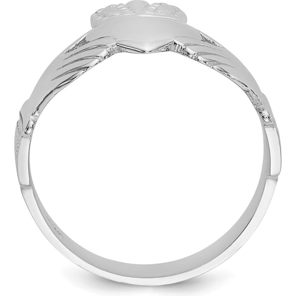 14K White Gold Men's Claddagh Ring with Textured Band and Rhodium Plating - 8mm Band Width by Oro Pregiato