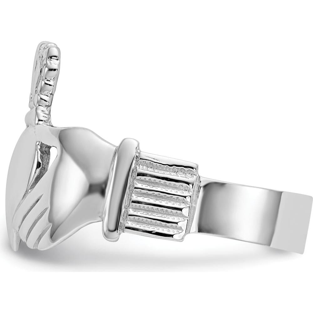 14K White Gold Men's Claddagh Ring with Textured Band and Rhodium Plating - 8mm Band Width by Oro Pregiato