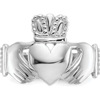 14K White Gold Men's Claddagh Ring with Textured Band and Rhodium Plating - 8mm Band Width by Oro Pregiato