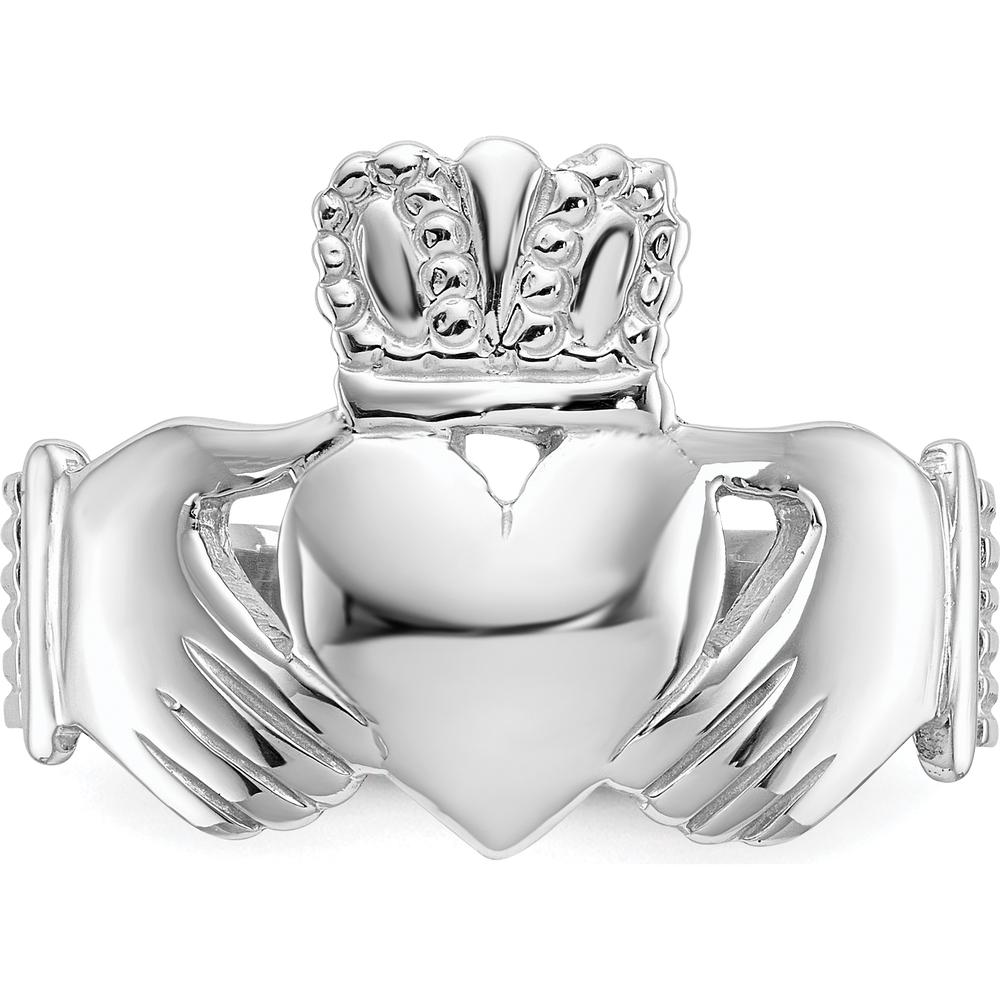 14K White Gold Men's Claddagh Ring with Textured Band and Rhodium Plating - 8mm Band Width by Oro Pregiato