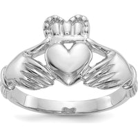 14K White Gold Men's Claddagh Ring with Textured Band and Rhodium Plating by Oro Pregiato